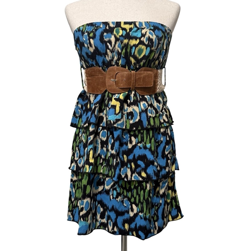 Y2k Wet Seal Smocked Belted Abstract Print Mini Dress Top Large Western Festival